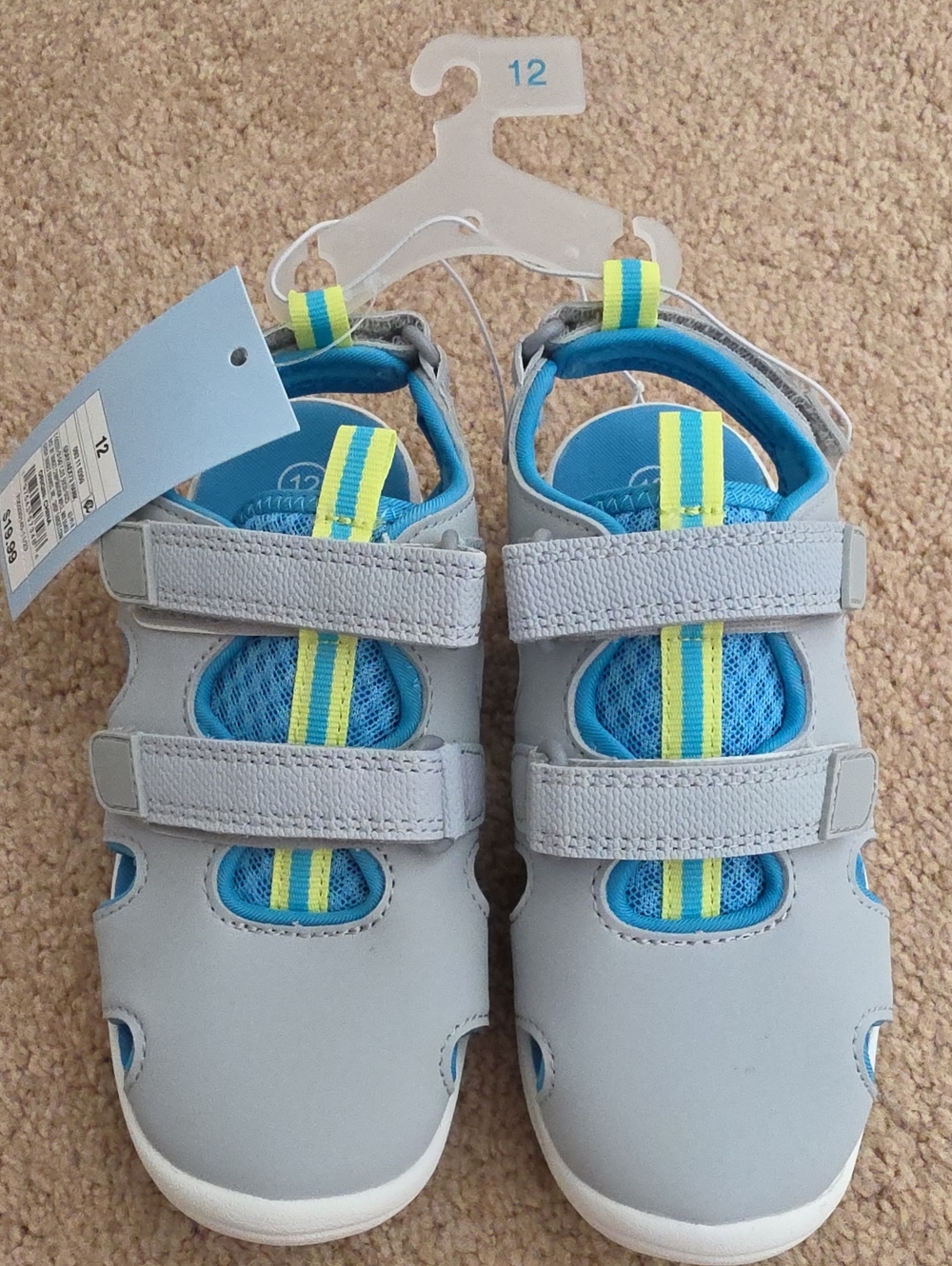 Cat & Jack Grey and Blue Hook-and-Loop Kids Sandals with Yellow Stripe